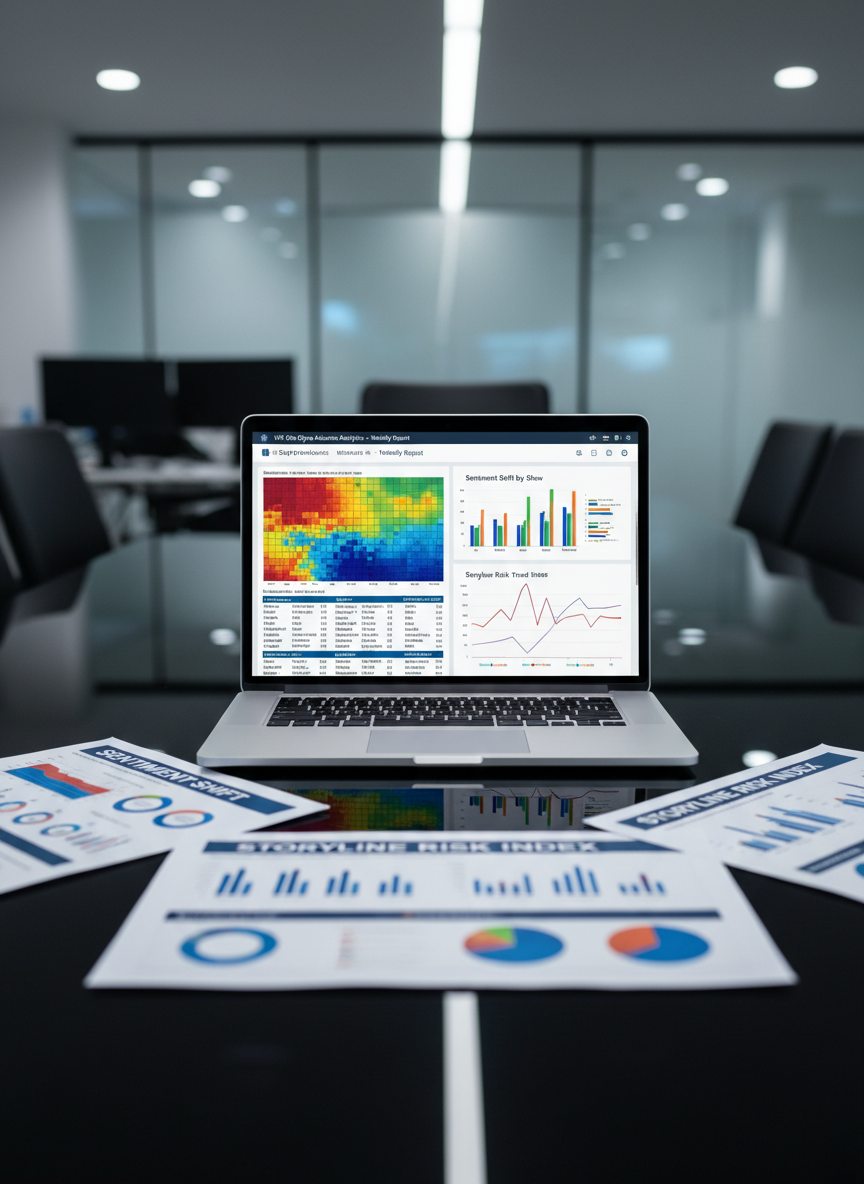 A glossy, black glass conference table supports an open, high-end laptop displaying a full-screen dashboard of weekly UK soap opera audience analytics. The screen shows a multi-colored heatmap, structured sentiment charts, and risk trend lines arranged in a clean, modern interface. Around the laptop are neatly arranged printed reports with bold headings like “Sentiment Shift” and “Storyline Risk Index,” each page featuring precise graphs and color-coded tables. Cool, diffused office lighting from an overhead panel creates subtle reflections on the table’s surface and soft shadows beneath the documents. The background is intentionally blurred, hinting at a sophisticated media analytics office. Photographic realism, eye-level composition, professional and focused mood emphasizing clarity and insight.