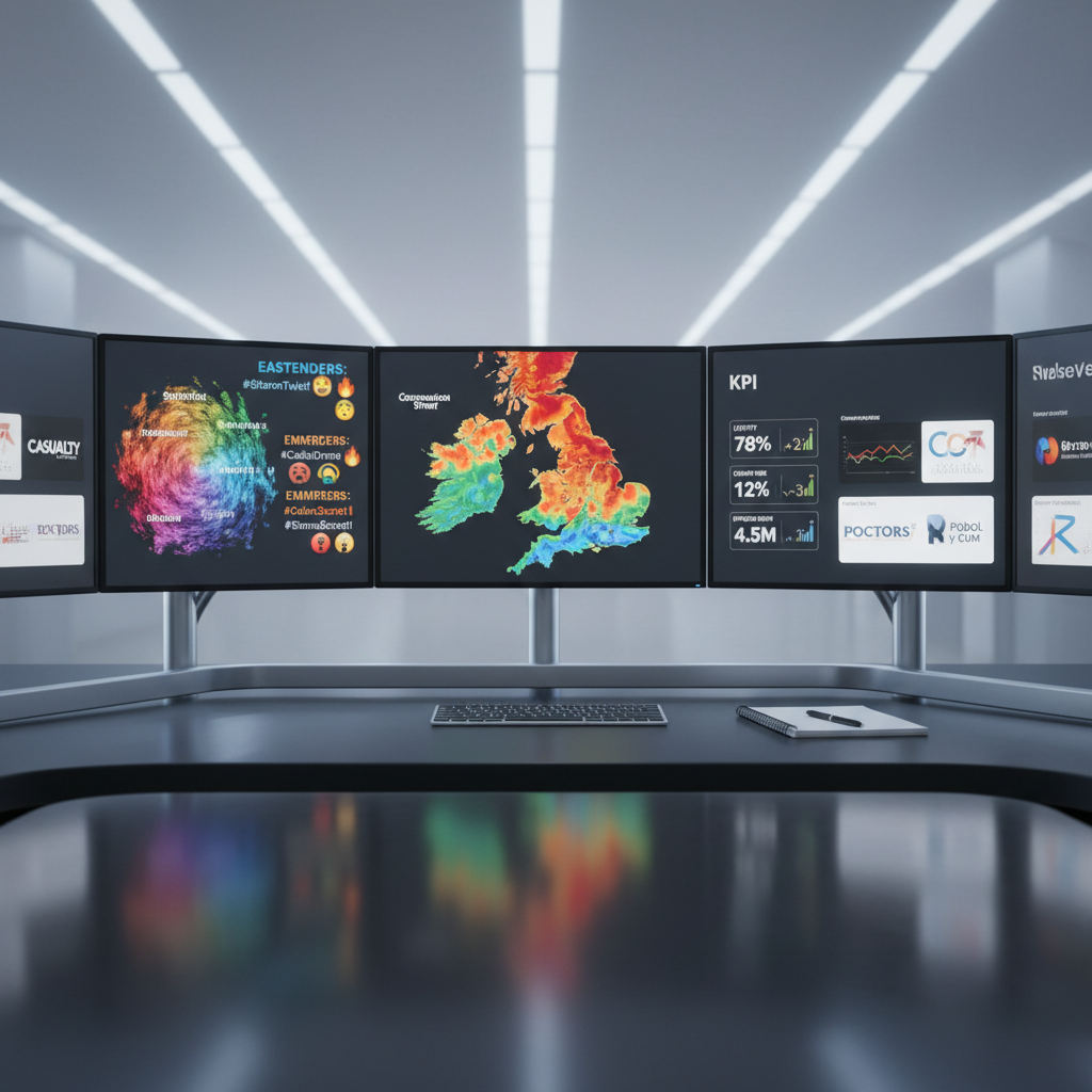 A large, multi-monitor trading-desk-style setup displays different UK TV soaps, each screen dedicated to a separate series’ weekly audience intelligence overview. One monitor shows a regional heatmap of viewer engagement, another visualizes sentiment clouds around key storylines, and a third presents compact KPI widgets for loyalty, churn risk, and episode reach. The monitors rest on a sleek, brushed aluminum stand over a charcoal desk with an ultra-thin keyboard and a single, minimalist notepad with structured bullet points. Overhead, soft, neutral office lighting blends with the cool glow of the screens, creating layered reflections on the desktop. Photographic realism, wide shot with slight panoramic feel, professional and high-energy yet controlled mood, evoking a mission-control hub for UK soap analytics.