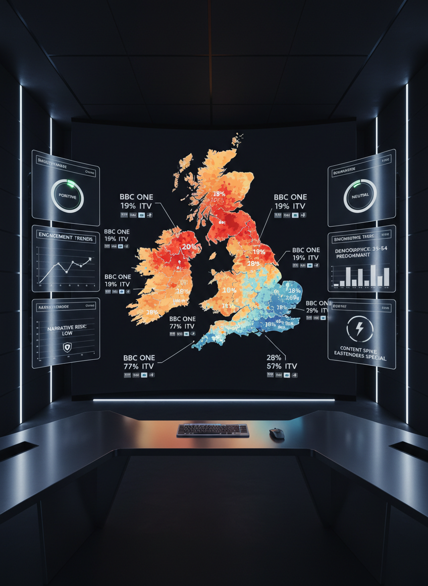 A large, ultra-modern OLED wall display in a darkened analytics studio shows a vivid heatmap of UK television soap audiences across a detailed map of the United Kingdom. Each region glows in gradients of red, amber, and cool blue, with crisp percentage labels and tiny channel logos for major UK networks. Surrounding the main map, sleek, floating panels display sentiment dials, engagement graphs, and narrative risk indicators in clean, minimalist UI. Subtle cool-toned LED strips illuminate the matte black walls and brushed metal desk surfaces. Photographic realism, shot from a slightly elevated wide angle with sharp focus, creating a professional, data-driven atmosphere that feels precise, high-tech, and authoritative.