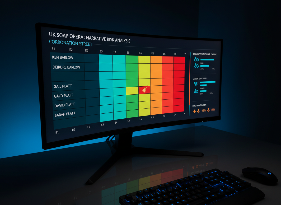 A dark-mode analytics interface fills a high-resolution monitor, dedicated to a single UK soap opera’s narrative risk analysis. The central visualization is a grid-based heatmap episode timeline, where each cell represents a plotline segment, colored from calming teal to warning crimson based on calculated risk. On the right, slim vertical panels summarize character entanglement scores and unexpected sentiment drops with compact bar charts and icons. The UI has crisp typography, subtle neon accents, and precise spacing. The room is lit only by the monitor and a faint blue ambient glow from a hidden LED strip, casting gentle reflections across a charcoal desktop. Photographic realism, close-up, slightly angled view, creating an intense, focused, and futuristically professional atmosphere.