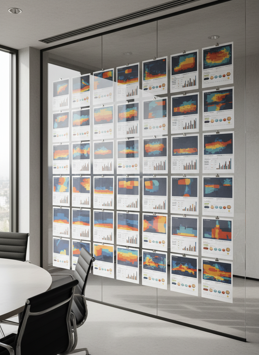 A wall-sized, frameless glass panel in a contemporary media strategy room is covered with meticulously arranged printed heatmaps and charts tracking weekly UK TV soap performance. Each sheet shows colored intensity blocks, sentiment ratings, and narrative risk markers in a consistent, minimalist design palette of deep blues, warm ambers, and precise greys. Discreet magnetic clips hold the pages in clean rows and columns. Daylight from a nearby floor-to-ceiling window casts soft, natural illumination across the glass, creating faint reflections and gentle shadows of the paper edges on a pale concrete floor. Photographic realism, shot from a three-quarter angle with moderate depth of field, conveying a calm, analytical atmosphere and an orderly, professional workflow.