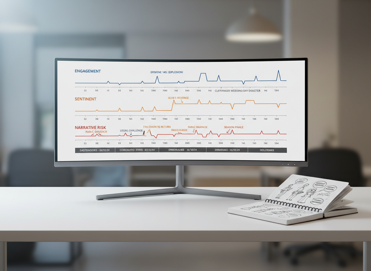 A curved, ultra-wide monitor on a tidy, matte white desk displays side-by-side time-series graphs of engagement, sentiment, and narrative risk for the most-watched UK television soaps. Each line is sharply defined in distinct brand-like colors, with small, labeled peaks indicating key episodes and cliffhangers. Below, a synchronized timeline bar is segmented by episode titles and broadcast dates. To one side of the monitor sits a minimalist notebook open to a neatly sketched storyboard of soap plot arcs, drawn in fine black ink. Soft, cool studio lighting creates delicate highlights on the monitor’s bezel and subtle shadows under the notebook. Photographic realism, captured in a centered composition with shallow depth of field, projecting a focused, strategic, and highly organized mood.